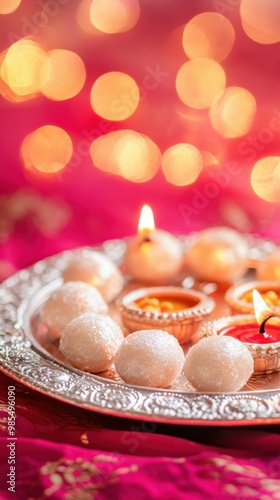 Handcrafted silver tray with decorative sweets, set on a soft coral backdrop with subtle light accents, copy space, happy Diwali background, traditional, Indian festival. 