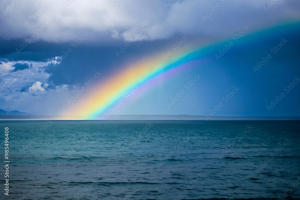 Rainbow with clouds on horizon with ocean Rainbow with clouds on horizon with ocean