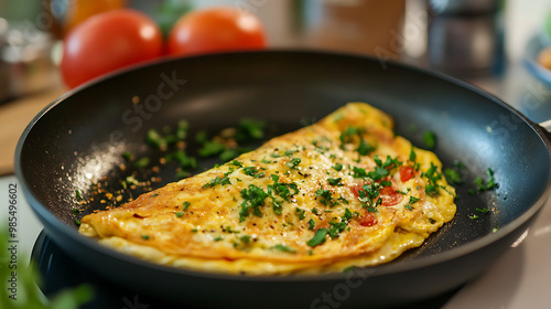 A new non-stick pan cooking an omelette for a vibrant morning breakfas
