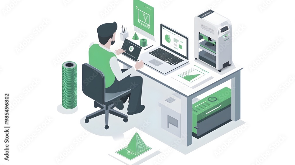 Isometric Infographic of Engineer Workstation with 3D Printing Equipment Isometric Infographic of Engineer Workstation with 3D Printing Equipment