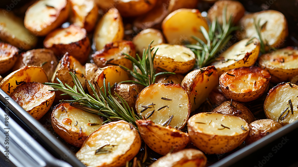 A pan full of golden-brown roasted potatoes and vibrant green rosemary A pan full of golden-brown roasted potatoes and vibrant green rosemary