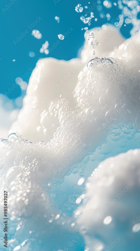 Fototapeta premium White foam bubbles in blue water