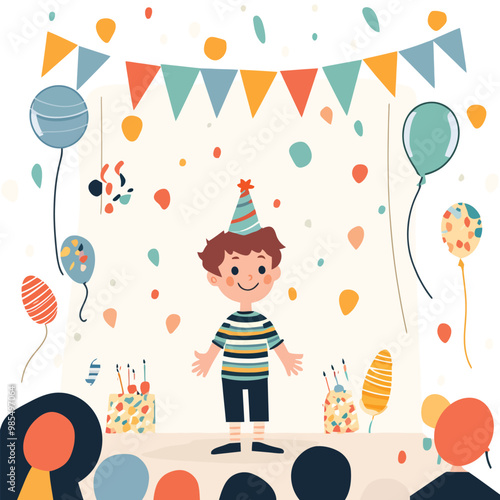Kids celebrating birthday party and blowing candles on cake