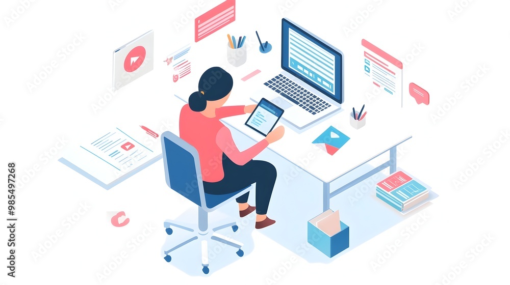 Social Media Manager's Isometric Workspace with Desk,Laptop,and Marketing Tools Social Media Manager's Isometric Workspace with Desk,Laptop,and Marketing Tools