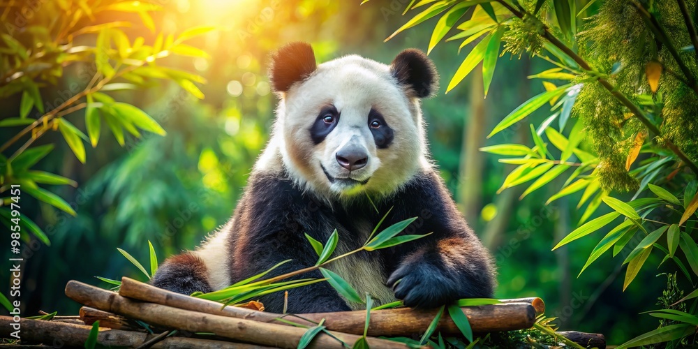 Obraz premium A cheerful cartoon panda bear playfully poses amidst lush bamboo and vibrant nature, exuding joy and charm, inviting
