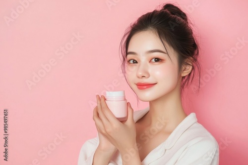 asian woman skincare concept. clean pink background.