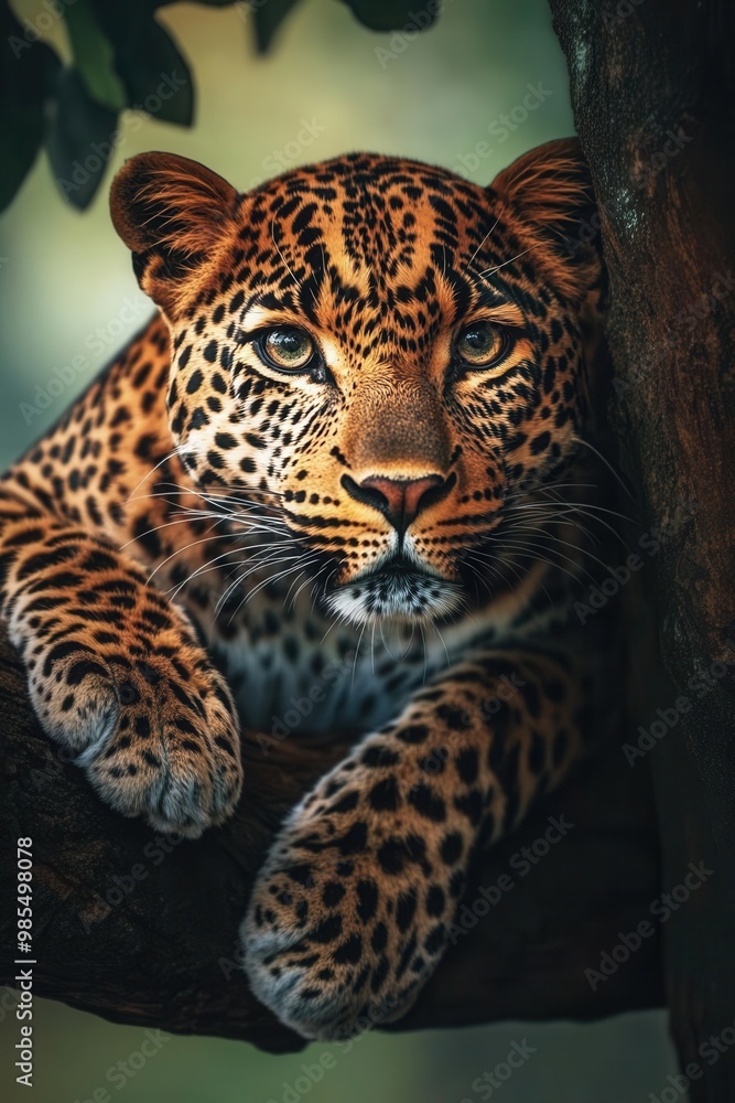 Fototapeta premium A closeup shot of a leopard perched on a tree branch, its piercing eyes focused on prey, with the bark and leaves in sharp detail and a blurred background of the African jungle