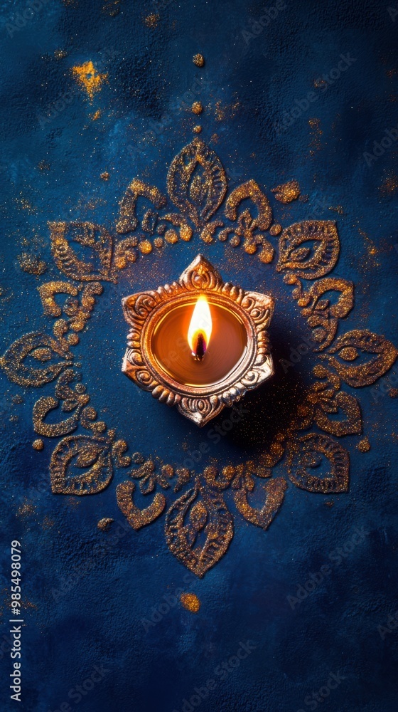 Fototapeta premium Ornate diya surrounded by rangoli powder, placed on a royal blue backdrop with glowing glitter accents, copy space, happy Diwali background, traditional, Indian festival.