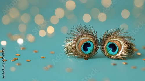 Peacock feather-inspired earrings, resting on a mint green backdrop with glowing particles, copy space, happy Diwali background, traditional, Indian festival. photo