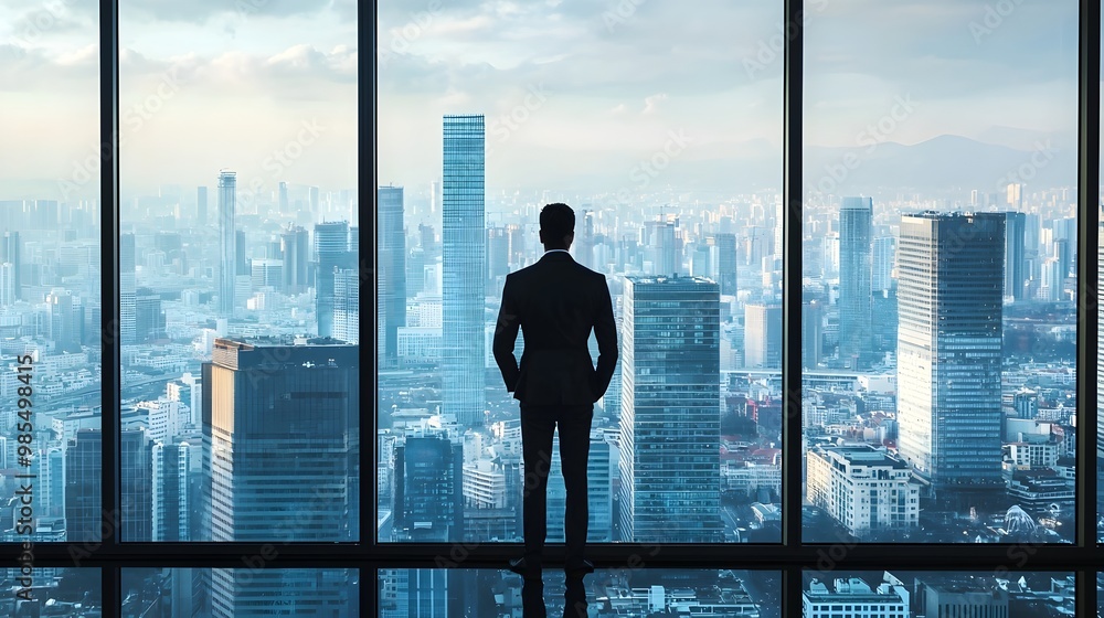 Ambitious Businessman Overlooking Vibrant Cityscape,Symbolizing Vision and Growth Ambitious Businessman Overlooking Vibrant Cityscape,Symbolizing Vision and Growth
