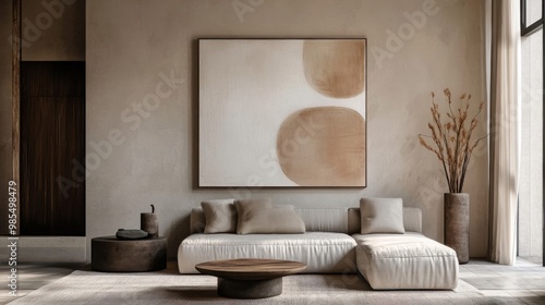 Minimalist living room with neutral tones, featuring cozy sofa and abstract art.