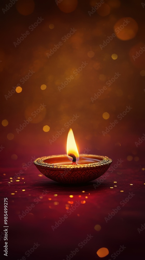 Single brass diya glowing brightly, set on a deep maroon-to-gold gradient backdrop with subtle glittery accents, copy space, happy Diwali background, traditional, Indian festival. Single brass diya glowing brightly, set on a deep maroon-to-gold gradient backdrop with subtle glittery accents, copy space, happy Diwali background, traditional, Indian festival.