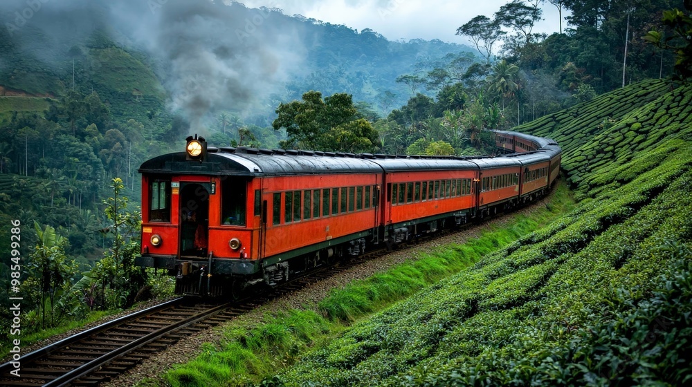 Fototapeta premium An old steam train winding its way through the tea plantations of Sri Lanka, offering scenic views of lush landscapes