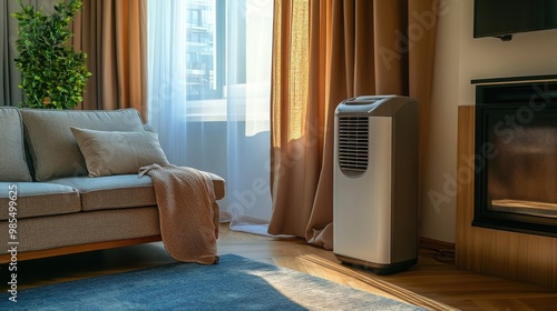 Efficient Portable Air Conditioner Cooling a Cozy Small Room on a Hot Summer Day.