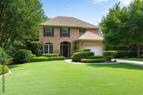 A beautiful suburban house surrounded by lush greenery and a well-maintained lawn, perfect for family living and outdoor activities.