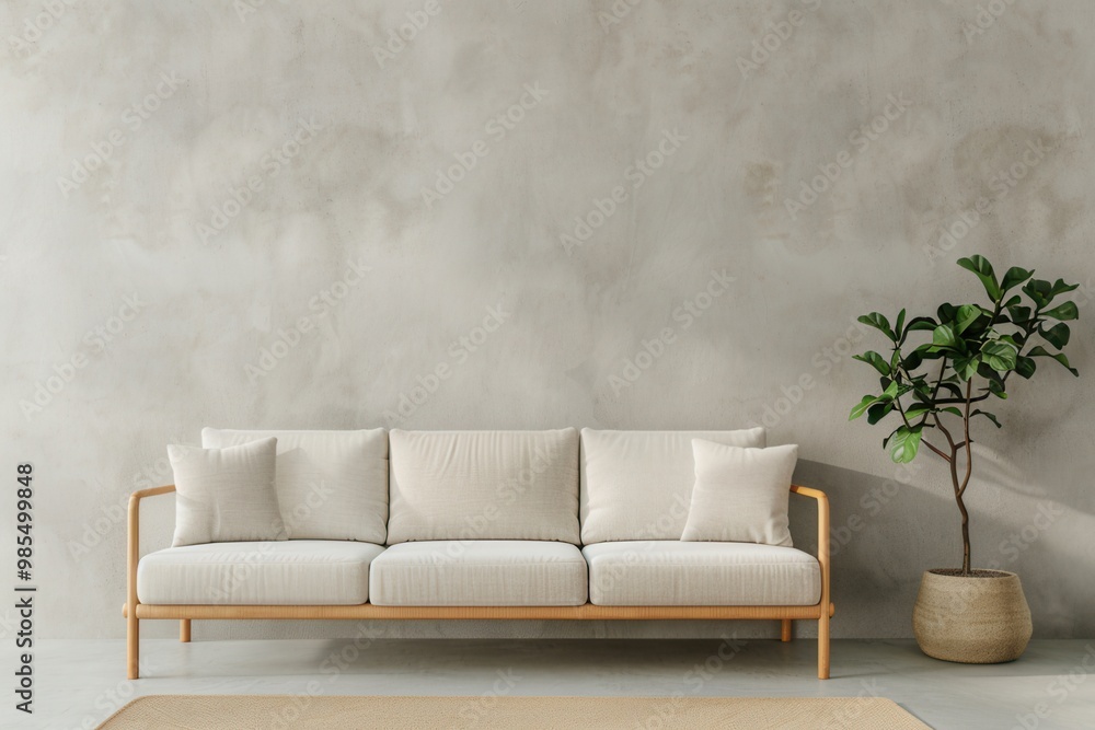 A modern, minimalist living room featuring a light-colored sofa, soft cushions, and a decorative potted plant against a textured grey wall. A modern, minimalist living room featuring a light-colored sofa, soft cushions, and a decorative potted plant against a textured grey wall.