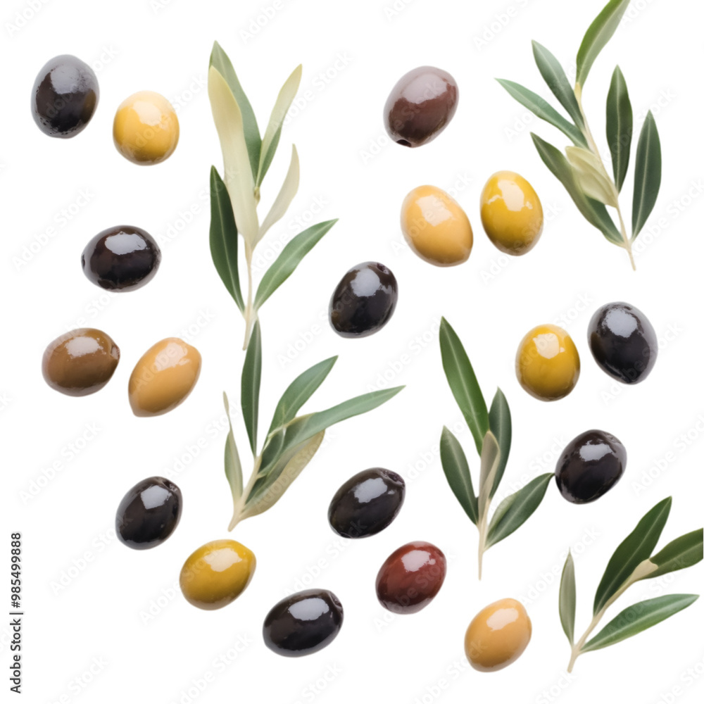 An Olive Branch With Green Olives And Leaves on white and transparent background. PNG cutout. An Olive Branch With Green Olives And Leaves on white and transparent background. PNG cutout.