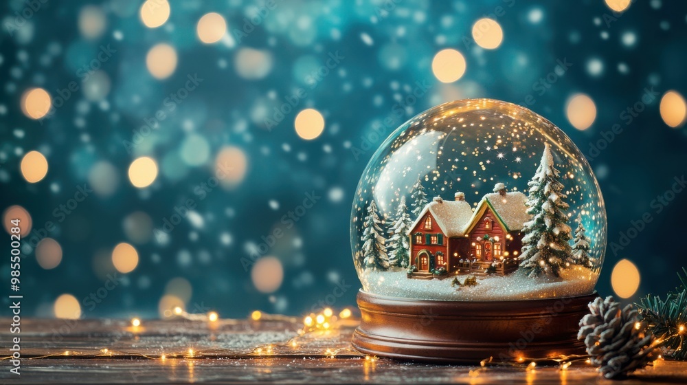 Snow globe with a Christmas village scene, resting on a wooden table with a rich royal blue background and glowing bokeh, copy space, Merry Christmas background, festive home decor, holiday snow globe Snow globe with a Christmas village scene, resting on a wooden table with a rich royal blue background and glowing bokeh, copy space, Merry Christmas background, festive home decor, holiday snow globe