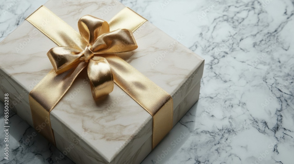Elegant gift box with golden ribbon on marble surface, evoking sense of luxury and anticipation. Elegant gift box with golden ribbon on marble surface, evoking sense of luxury and anticipation.