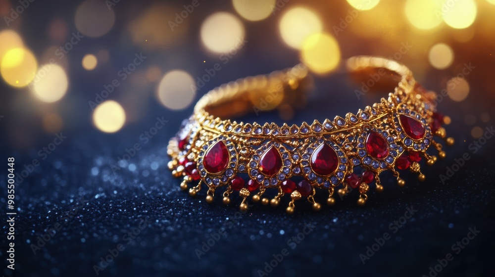 Sophisticated ruby and gold choker, on dark sapphire blue background with twinkling effects, with soft festive lights bokeh in background, Copy space, happy Diwali background, traditional, Indian Sophisticated ruby and gold choker, on dark sapphire blue background with twinkling effects, with soft festive lights bokeh in background, Copy space, happy Diwali background, traditional, Indian