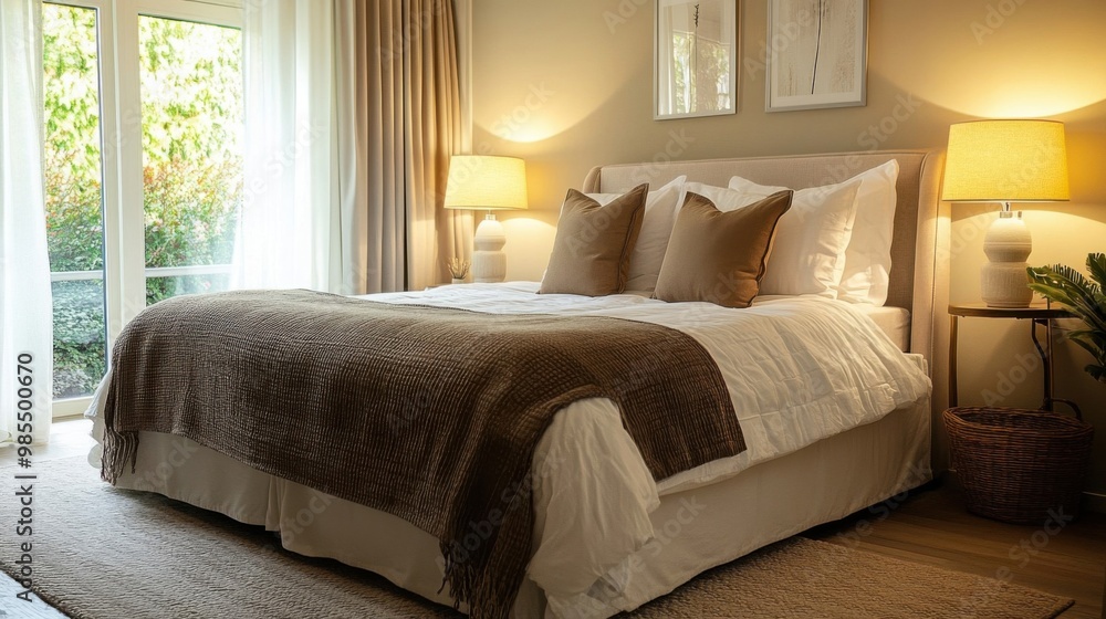 Cozy bedroom with soft lighting, inviting relaxation and comfort. neatly made bed and warm ambiance create serene atmosphere. Cozy bedroom with soft lighting, inviting relaxation and comfort. neatly made bed and warm ambiance create serene atmosphere.