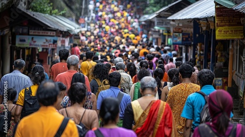 Back side view of A sea of pilgrims walking up the steps of the Batu Caves in Malaysia, adorned in vibrant saris and carrying offerings for the Thaipusam festival