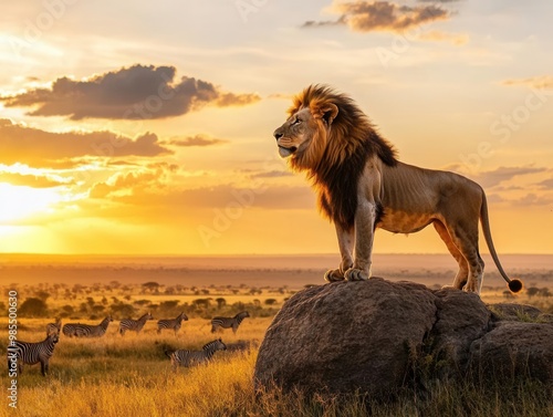 A majestic lion standing on a rocky outcrop, overlooking a vast savannah at sunset, golden light streaming through acacia trees, with distant herds of zebra photo