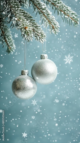 Sparkling silver ornaments hanging from a pine branch, on a frosty blue background with snowflake patterns, copy space, Merry Christmas background, winter decor, holiday greeting card 