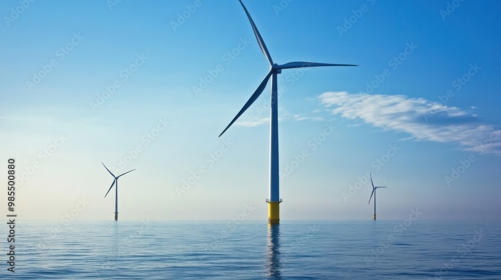 Wind turbines stand tall over calm waters, symbolizing renewable energy and sustainability. serene blue sky enhances peaceful atmosphere of this coastal landscape. Wind turbines stand tall over calm waters, symbolizing renewable energy and sustainability. serene blue sky enhances peaceful atmosphere of this coastal landscape.