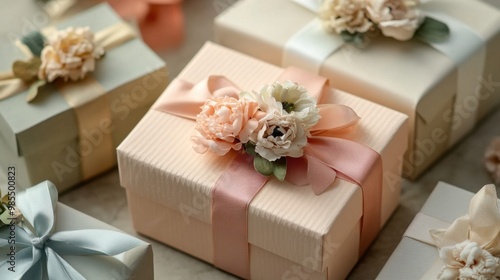 Elegant gift boxes adorned with ribbons and flowers create charming display. soft colors and delicate decorations evoke sense of joy and celebration. space for text,