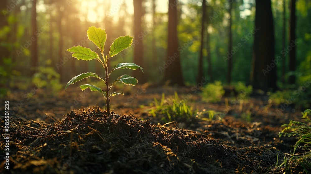 A young sapling grows in a sun-drenched forest A young sapling grows in a sun-drenched forest