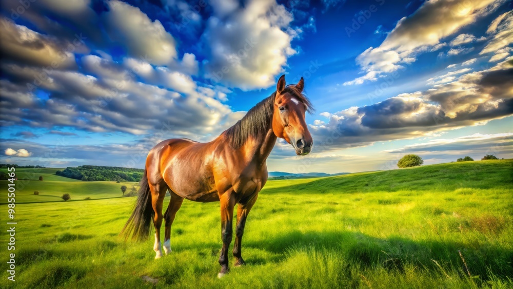 A majestic horse stands in a sunny pasture, the lush green grass swaying gently. Under a bright blue A majestic horse stands in a sunny pasture, the lush green grass swaying gently. Under a bright blue