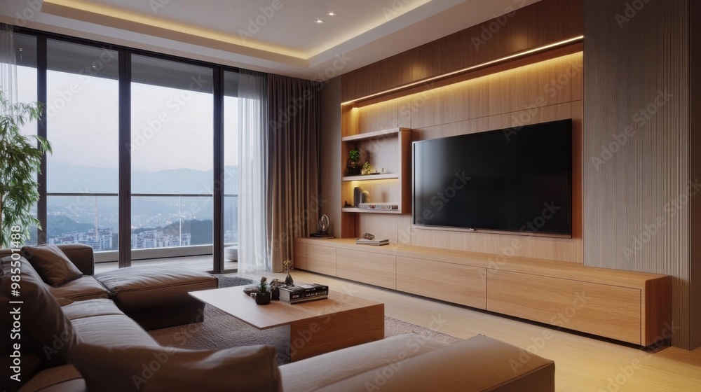 Modern Living Room with Stylish Wooden TV Unit - Minimalist Interior Design Concept. Modern Living Room with Stylish Wooden TV Unit - Minimalist Interior Design Concept.