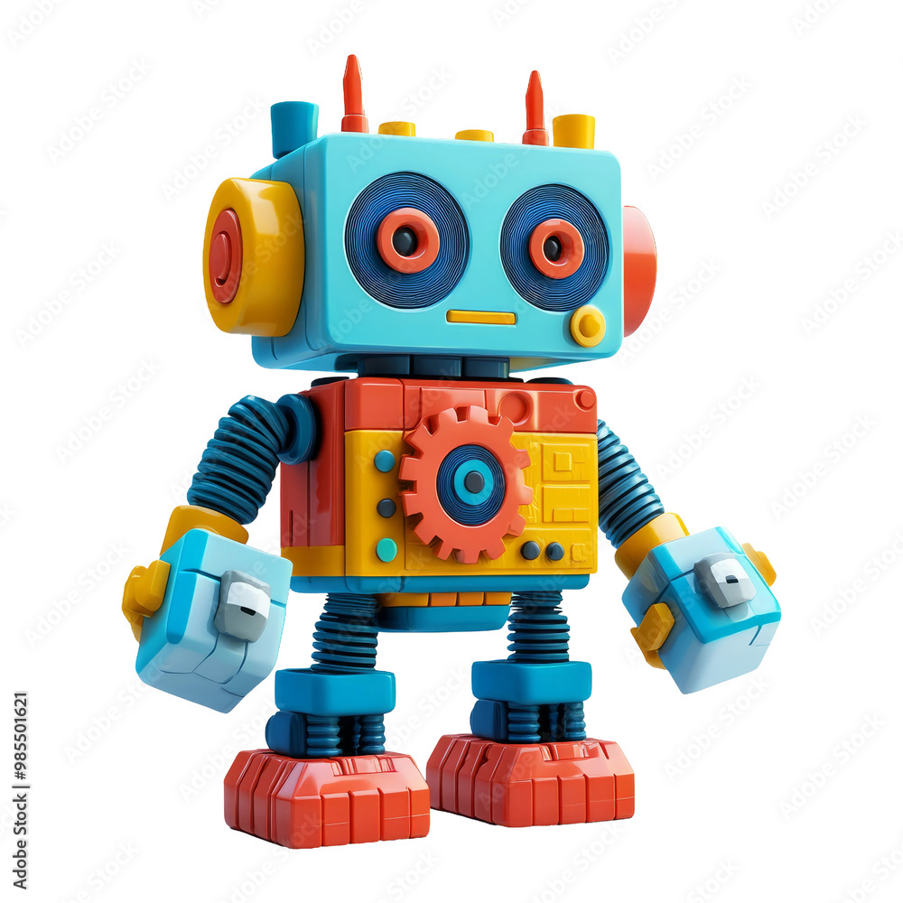 Fototapeta premium Colorful Retro Robot Toy with Gears and Buttons on Transparent Background