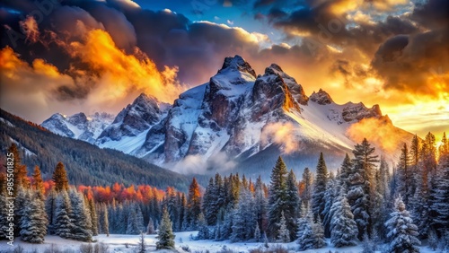 A majestic snowstorm blankets rugged mountain peaks, transforming the landscape into a picturesque winter wonderland