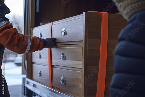 Securely loading wooden furniture into a truck for transport during a moving day in cold weather