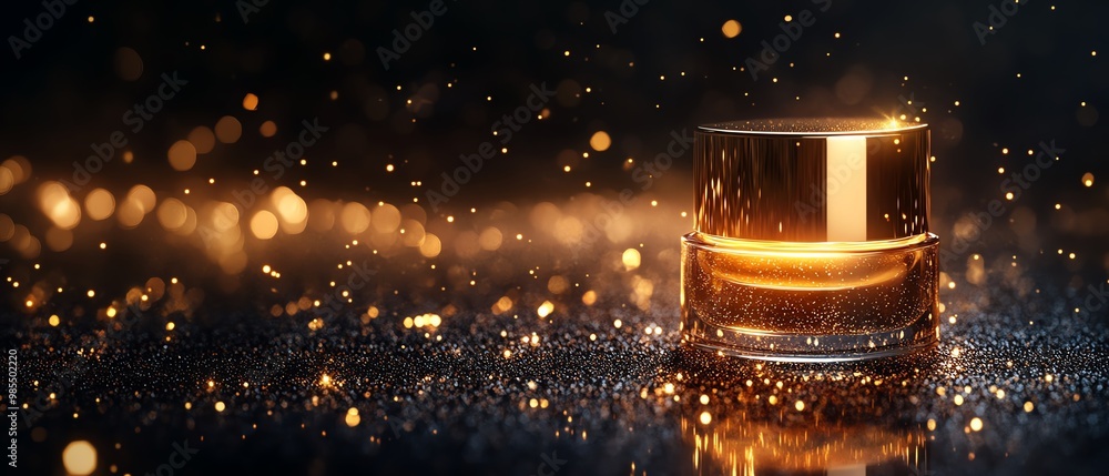 Elegant beauty scene featuring a glossy surface with radiant golden beams of light Elegant beauty scene featuring a glossy surface with radiant golden beams of light