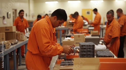 A group of prisoners in an orange jumpsuit working in a prison workshop, assembling items or performing manual labor under the watchful eyes of guards.