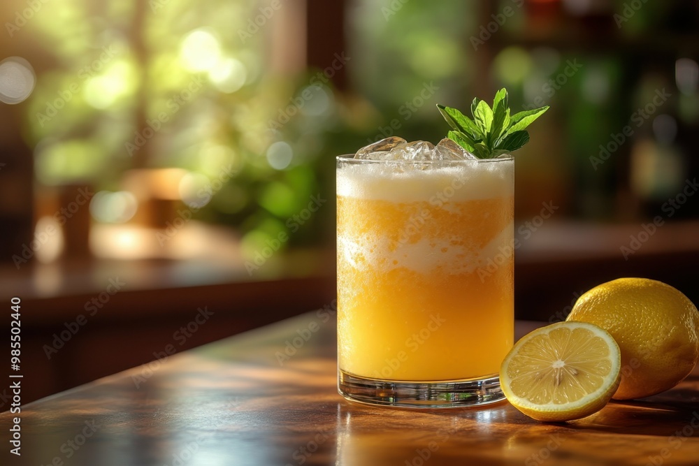 Cocktail Gin Fizz pale yellow colored placed on the right side of the table with a lemon slice on the table. Blurred bar with sunlight in the background. Cocktail Gin Fizz pale yellow colored placed on the right side of the table with a lemon slice on the table. Blurred bar with sunlight in the background.