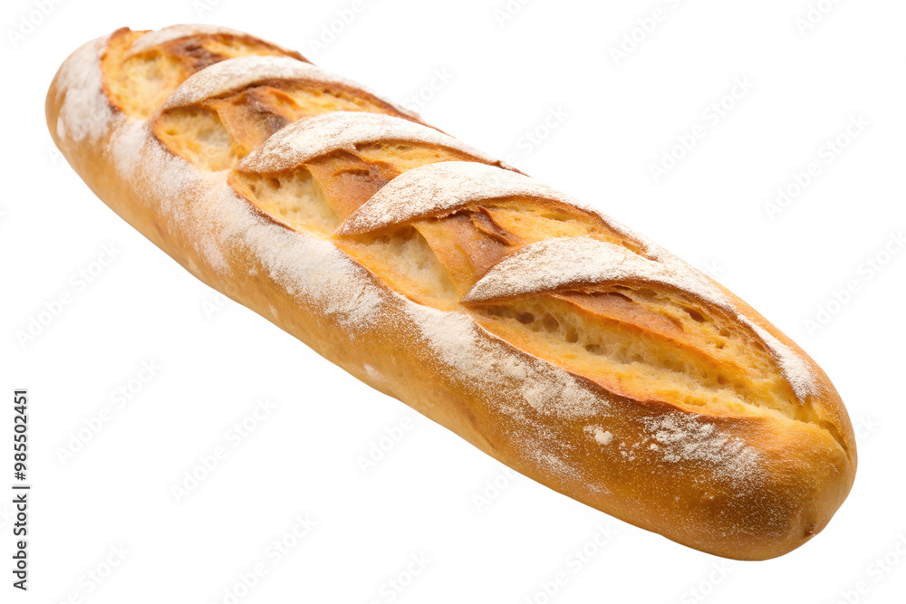 Freshly baked crusty french baguette with flour dusting Freshly baked crusty french baguette with flour dusting