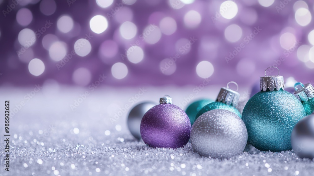 Vibrant teal and silver ornaments scattered on a snowy lavender background with soft purple bokeh, copy space, Merry Christmas background, unique festive decor, holiday card design Vibrant teal and silver ornaments scattered on a snowy lavender background with soft purple bokeh, copy space, Merry Christmas background, unique festive decor, holiday card design