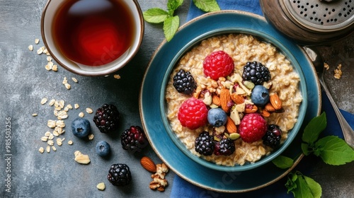 A cozy breakfast scene with oatmeal topped with nuts, seeds, and fresh fruit, alongside a cup of herbal tea.