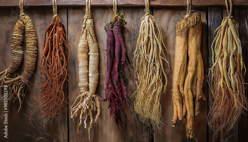 Red Ginseng Root, Codonopsis Root, Astragalus Root, White Peony Root, hanging too dry on wood wall