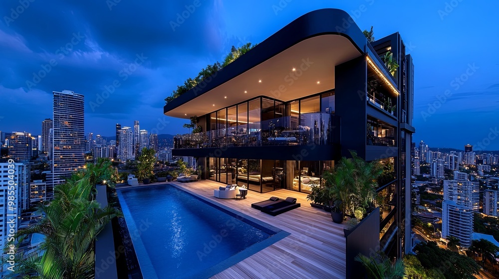 Fototapeta premium Modern Rooftop Luxury Villa with City Skyline View