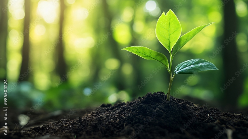 A Single Green Sprout Emerging from Dark Soil in a Forest Setting A Single Green Sprout Emerging from Dark Soil in a Forest Setting