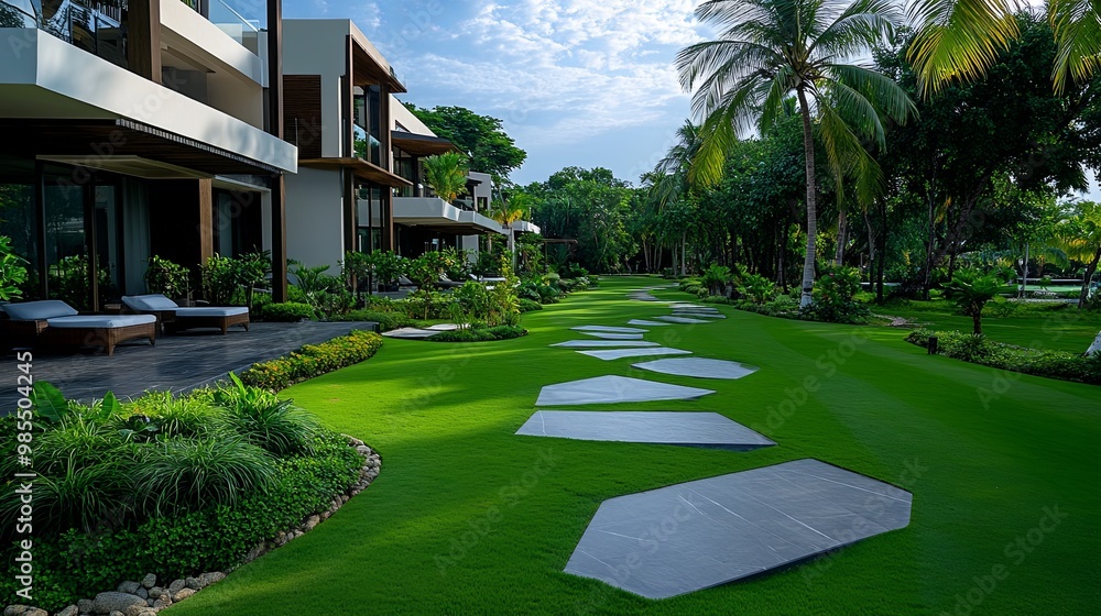 Fototapeta premium Tranquil Resort Garden with Modern Pathway Design