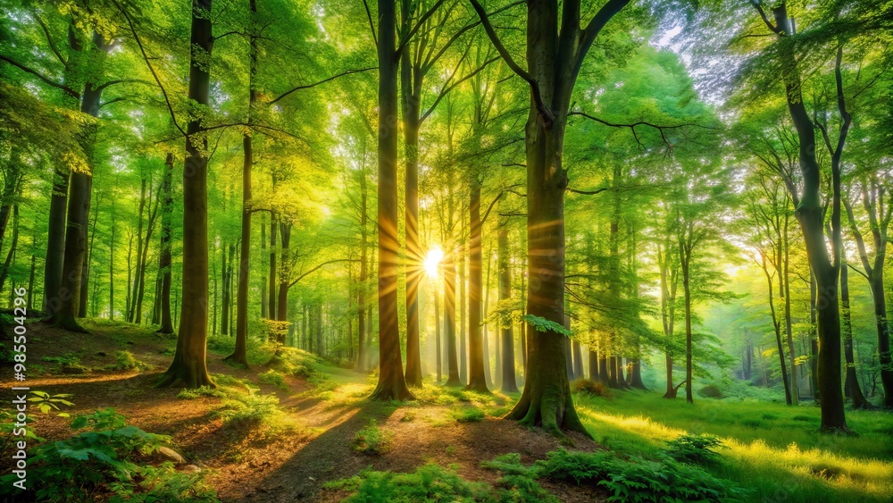 Naklejka premium A serene forest scene unfolds, with vibrant green trees standing tall, while gentle sunlight streams through the