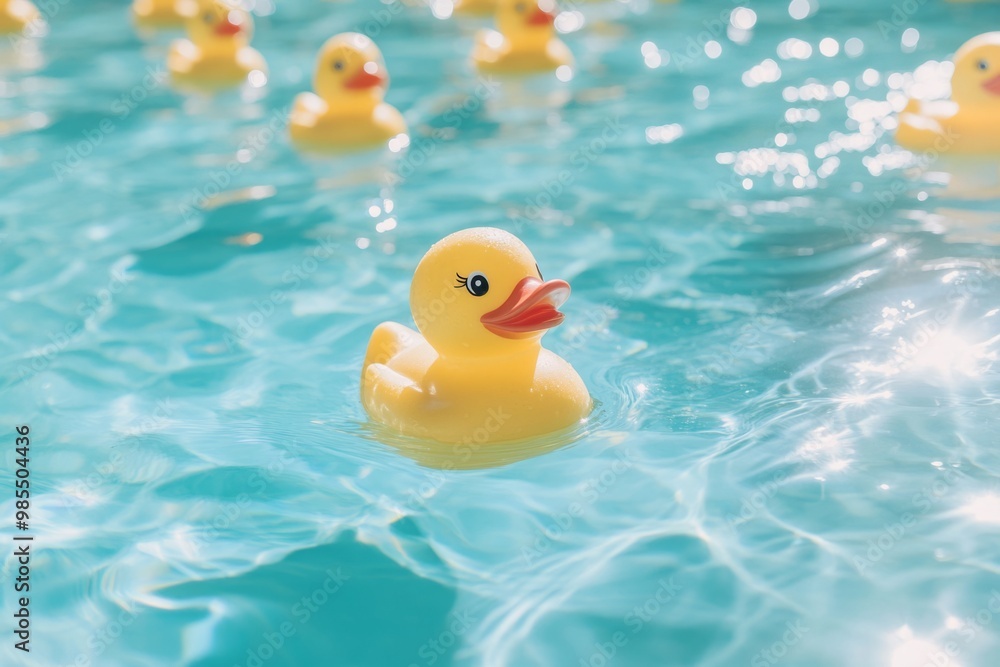 Bright yellow rubber ducks float in a serene blue pool. A playful scene evokes joy and childhood memories. Ideal for summer themes and playful designs. Generative AI Bright yellow rubber ducks float in a serene blue pool. A playful scene evokes joy and childhood memories. Ideal for summer themes and playful designs. Generative AI