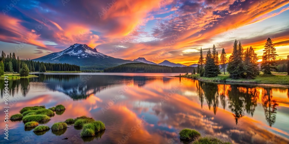 A serene sunset casts warm hues over Sparks Lake in Oregon, mirroring majestic mountains and lush trees in A serene sunset casts warm hues over Sparks Lake in Oregon, mirroring majestic mountains and lush trees in