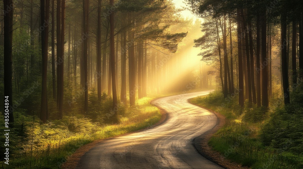 Fototapeta premium Winding road through dense pine forest, morning mist creating a mystical atmosphere